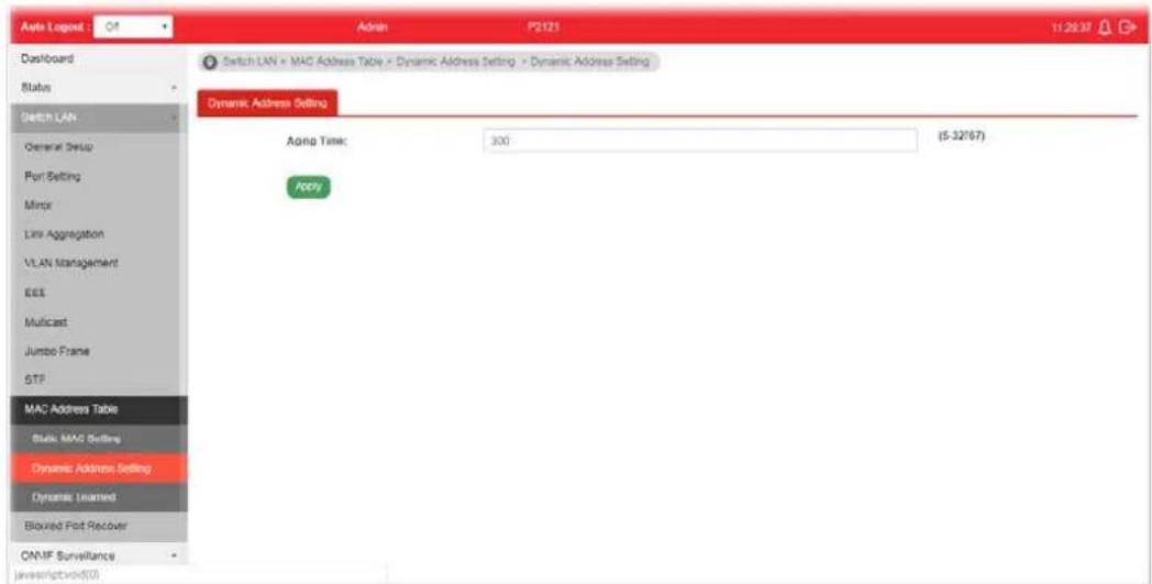 Apache Logout : Off Admin P2121 11:26:37 Dashboard Switch LAN × MAC Address Table × Dynamic Address Setting × Dynamic Address Setting Status Dynamic Address Setting Aalog Time: 300 (5-32/67) Apply MAC Address Table Static MAC Setting Dynamic Address Setting Dynamic Unlmamed Biowed Port Recover ONMF Surveillance Djewert/Myk/00