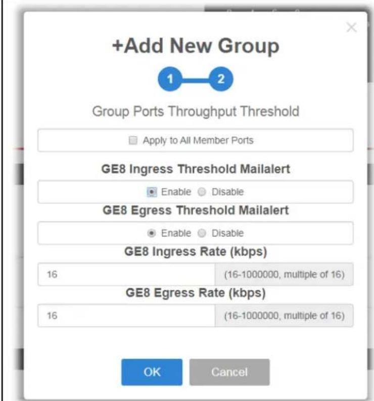 +Add New Group Group Ports Throughput Threshold Apply to All Member Ports GE8 Ingress Threshold Mailalert Enable Disable GE8 Egress Threshold Mailalert Enable Disable GE8 Ingress Rate (kbps) 16 (16-1000000, multiple of 16) GE8 Egress Rate (kbps) 16 (16-1000000, multiple of 16) OK Cancel