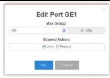 Edit Port GE1 Max Group: X56 (0 - 259) Exceed Action: Deny Replace OK Cancel