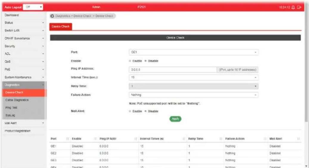 Auto Logout OFF Dashboard Status Switch LAN DN-MF Surveillance Security ACL QoB PoE System Maintenance Diagnodes Device Check Cable Diagnostics Ping Test SysLog Mail Alert Product Registration Port Enable Ping IP Addr Interval Times to: Retry Time Failure Action Mail Alert GE1 Disabled 0.0.0 15 1 Nothing Disabled GE2 Disabled 0.0.0 15 1 Nothing Disabled GE3 Disabled 0.0.0 15 1 Nothing Disabled GE4 Disabled 0.0.0 15 1 Nothing Disabled