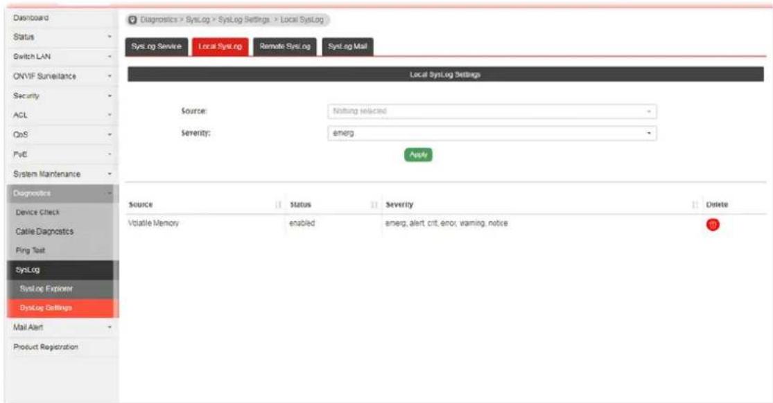 Dashboard Status Switch LAN ONVIF Surveillance Security ACL CoS PvE System Maintenance Diagnosis Device Check Cable Diagnostics Ping Test SysLog SysLog Explorer SysLog Settings Mail Alert Product Registration Diagnostics > SysLog > SysLog Settings > Local SysLog SysLog Service Local SysLog Remote SysLog SysLog Mail Local SysLog Settings Source: Notting selected Severity: emerg Apply Source Status Severity Delete Volatile Memory.enabled emerg, alert crit, error, warning, notice 05