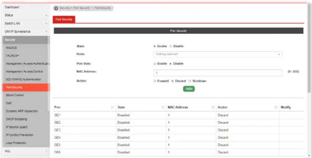 Dashboard Status Switch LAN ONVIF Surveillance Security RADIUS TACADS+ Management/Access Authentication Management/Access Control 802.1X/MAC Authentication Port Security Storm Control DeB Dynamic ARP Inspection DHCP Snooping IP Source Guard IP Conflict Prevention Loop Protection ACL Security = Port Security = Port Security Port Security Port Security State: Enable Disable Ports: Nothing selected Port State: Enable Disable MAC Address: 1 (0 - 255) Action: Forward Discard Shutdown Apply Port State MAC Address Action Modify GE1 Disabled 1 Discard GE2 Disabled 1 Discard GE3 Disabled 1 Discard GE4 Disabled 1 Discard GE6 Disabled 1 Discard GE6 Disabled 1 Discard