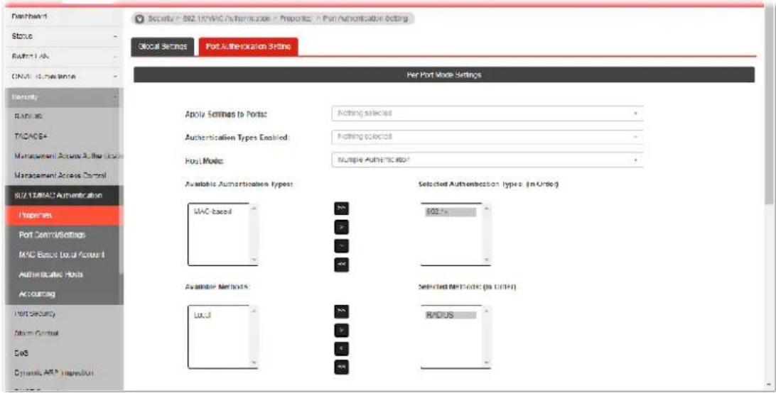Per Port Mode Settings Apply Settings to Ports: Nothing selected Authentication Types Enabled: Nothing selected Host Mode: Multiple Authentication Available Authentication Types: MAC-based Selected Authentication Types (In Order) 802% Available Methods: Local Selected MACMode (In Order) R/CUS