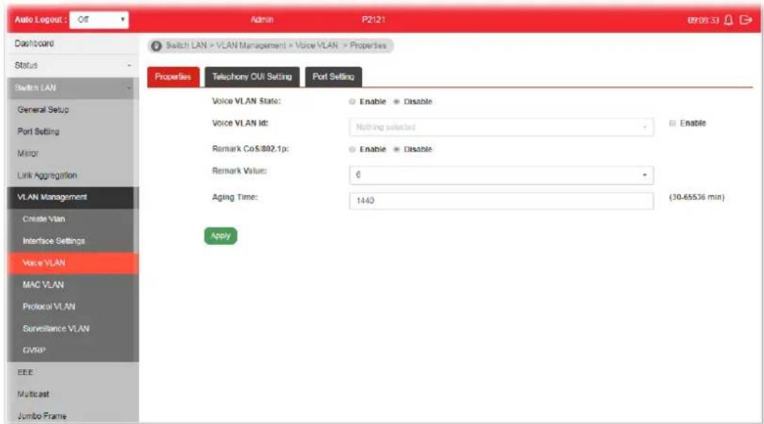 Auto Logout : OIT Admin P2121 09:06:33 Dashboard Switch LAN > VLAN Management > Voice VLAN > Properties Status Switch LAN General Setup Port Setting Minor Link Aggregation VLAN Management Create Vlan Interface Settings Voice VLAN MAC VLAN Protocol VLAN Surveillance VLAN GVRIP EEE Multicast Jumbo Frame Properties Telephony GUI Setting Port Setting Voice VLAN State: Enable Disable Voice VLAN Id: Nothing selected Enable Remark Co:$802.1p: Enable Disable Remark Value: 6 Aging Time: 1440 (30-65536 min) Apply
