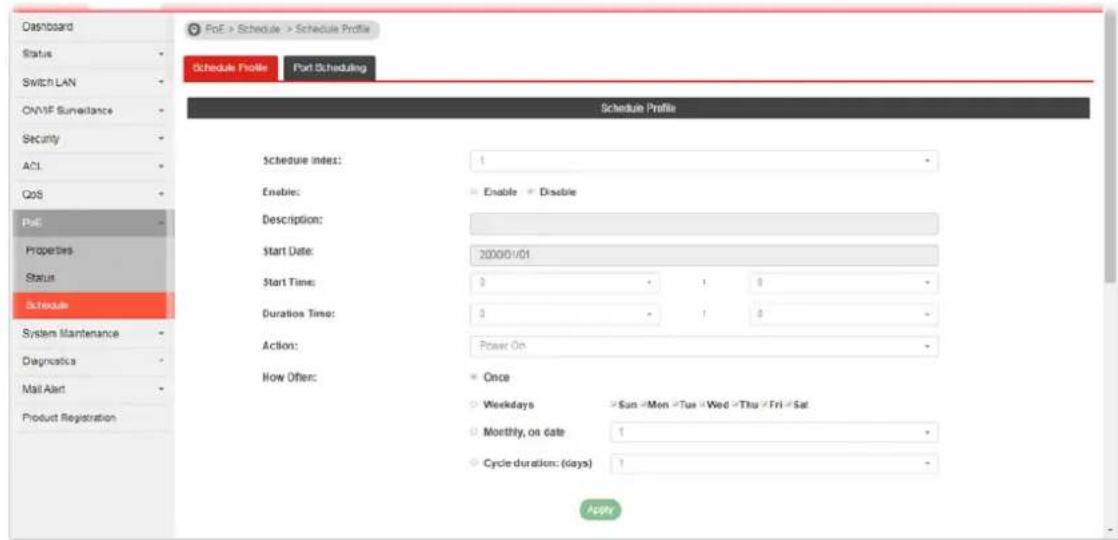 Dashboard Status Switch LAN ONMIF Surveillance Security ACL QOS PoE Properties Status Schedule System Maintenance Diagnostics Mail Alert Product Registration FoE > Schedule > Schedule Profile Schedule Profile Port Scheduling Schedule Profile Schedule index: 1 Enable: Enable Disable Description: Start Date: 2000/01 Start Time: 3 1 8 - Duration Time: 3 1 8 - Action: Power On - How Offer: Once Weekdays >San >Mon >Tue >Wed >Thu >Fri >Sat Monthly, on gate 1 - Cycle duration: (days) 1 - ADDY