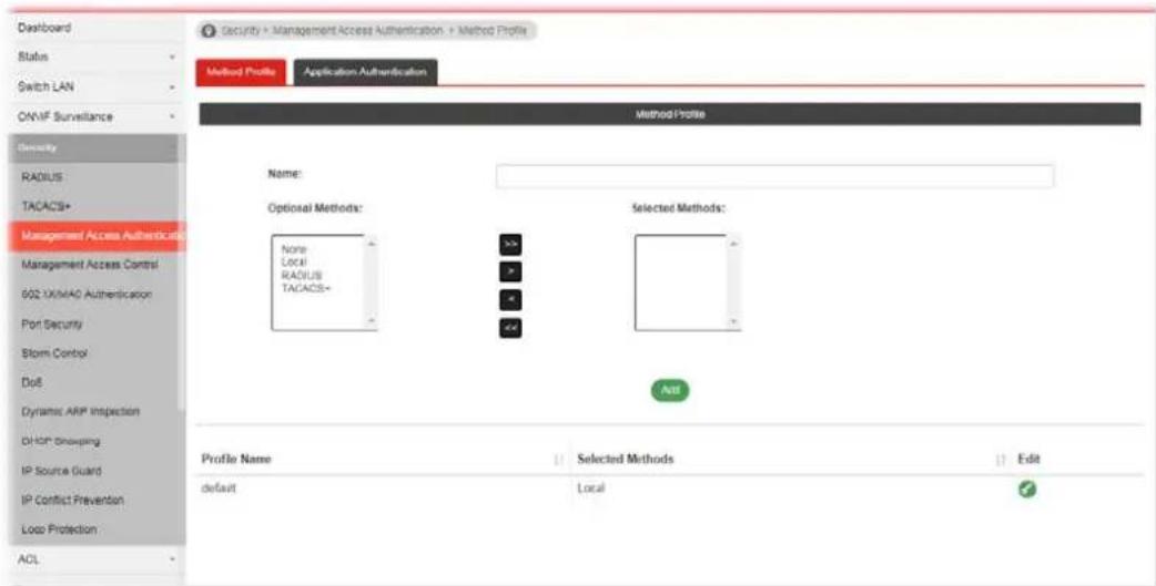 Dashboard Status Switch LAN ONVF Surveillance Security RADIUS TACACS+ Management Access Authentications Management Access Control 602 XIMAG Authentication Port Security Storm Control DoB Dyramic ARP Inspection DHSP Dnapping IP Source Guard IP Conflict Prevention Loop Protection ACL Security Method Profile Name: Optional Methods: None Local RADIUS TACACS+ Selected Methods: Add Profile Name default Selected Methods Local Edit