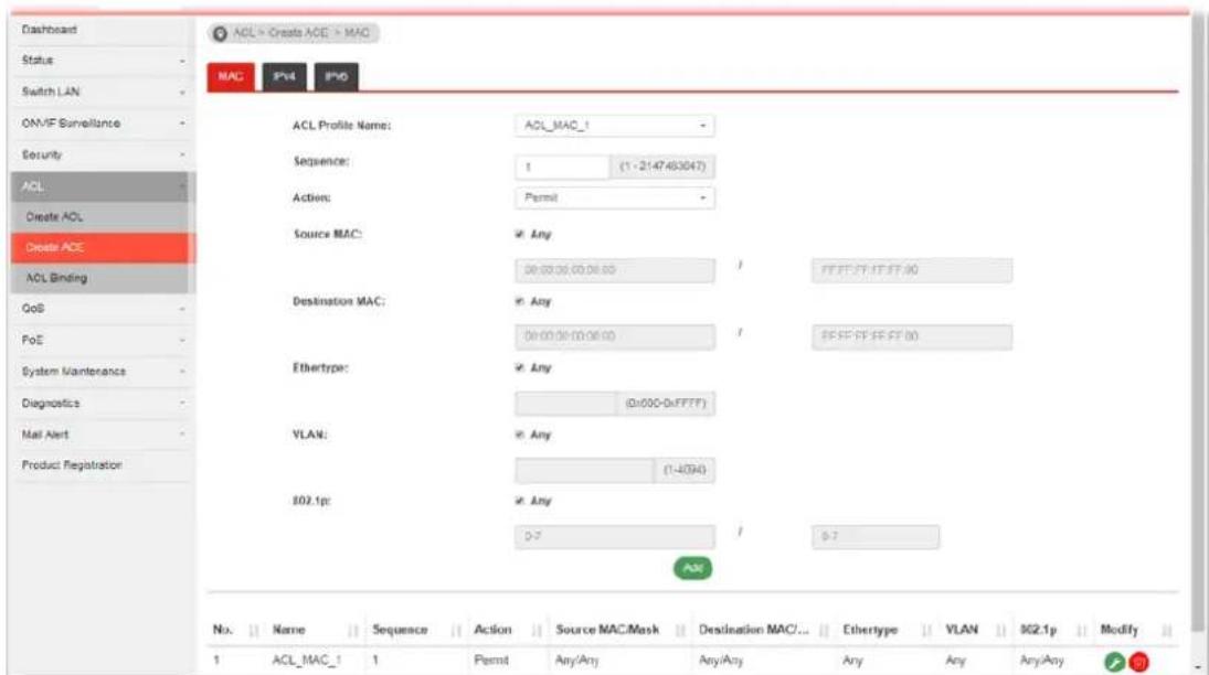 ACL > Create ACE > MAC MAC PV4 PV6 ACL Create ACL Create ACE ACL Binding QoS PoE System Maintenance Diagnostics Mail Alert Product Registration ACL Profile Name: ACL_MAC_1 Sequence: 1 (1-2147-63047) Actions: Permit Source MAC: Any 00:00:00:00:00 / FFFF/FF/FF/00 Destination MAC: Any 00:00:00:00:00 / 85FF/FF/FF/00 Ethertype: Any (D=000-D=FFFF) VLAN: Any (1-4)(34) 802.1p: Any 0-7 / 9-7 No. Name Sequence Action Source MAC/Mask Destination MAC... Ethertype VLAN 962.1p Modify 1 ACL_MAC_1 1 Permit Any/Any Any/Any Any Any Any/Any