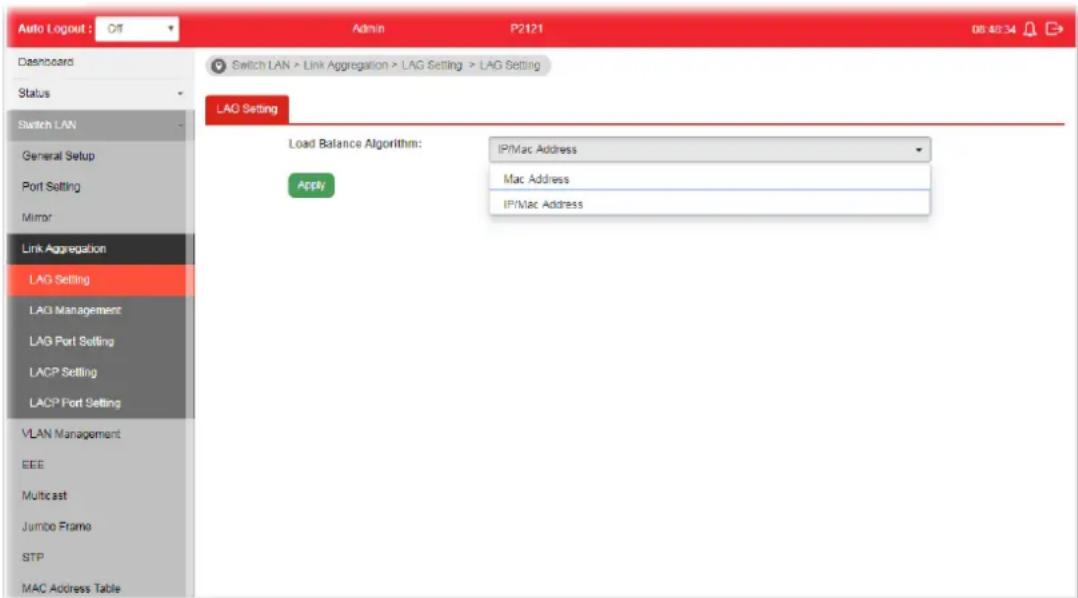 Auto Logout : Off Admin P2121 08:48:34 Dashboard Switch LAN > Link Aggregation > LAG Setting > LAG Setting LAO Setting Load Balance Algorithm: IP/Mac Address Mac Address IP/Mac Address Apply Link Aggregation LAG Setting LAG Management LAG Port Setting LACP Setting LACP Port Setting VLAN Management EEE Multicast Jumbo Frame STP MAC Address Table