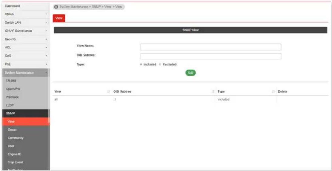 Cashboard Status Switch LAN ONVF Surveillance Security ACL OoS PoE System Maintenance TR-059 OpenVPN Webhook LLDP SNMP View Group Community User Engine ID Trip Event Add System Maintenance × SNMP > View > View View SNMP View View Name: OID Subtree: Type: + Included ○ Excluded Add View OID Subtree Type Delete all .1 included
