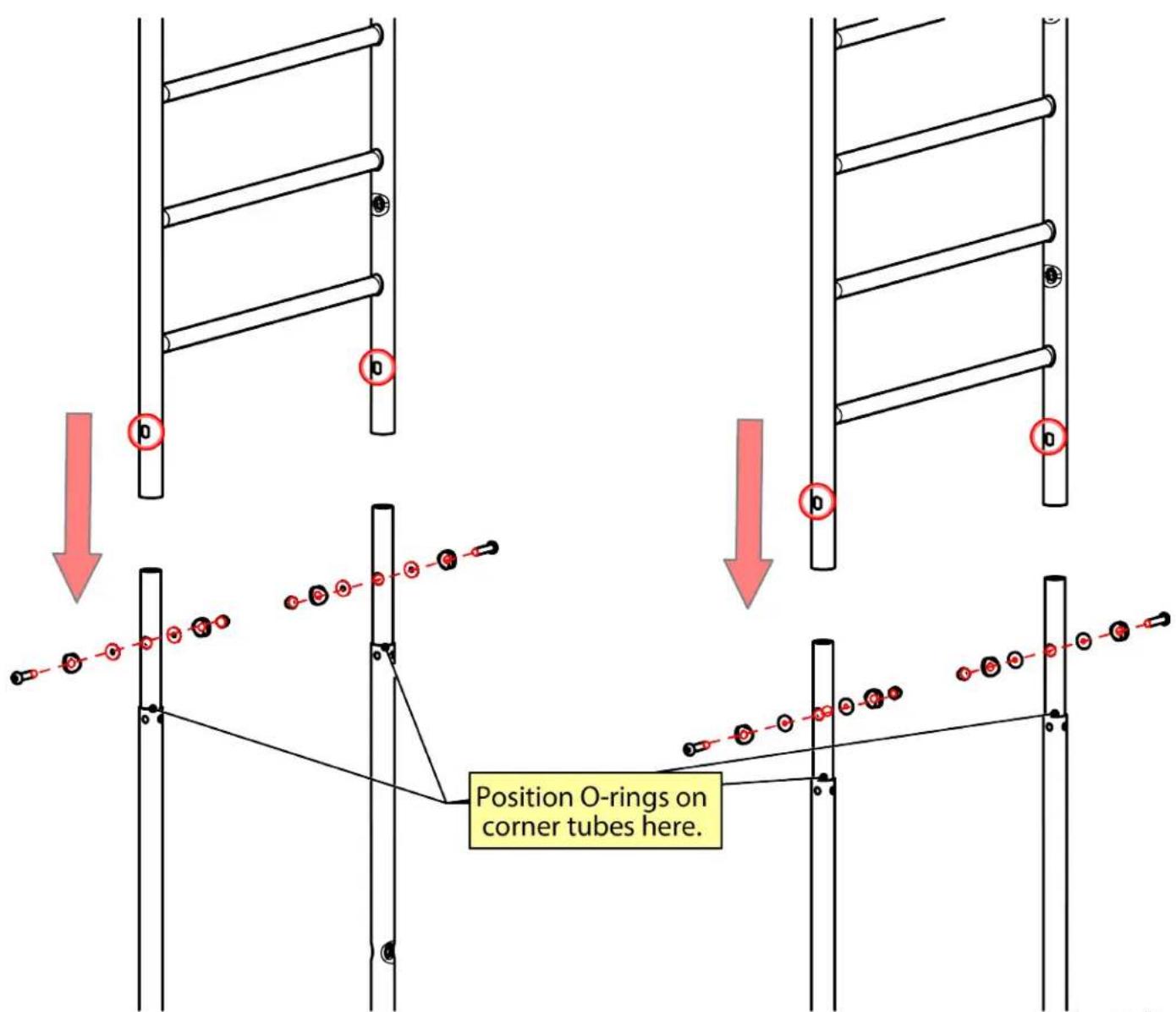 Position O-rings on corner tubes here.