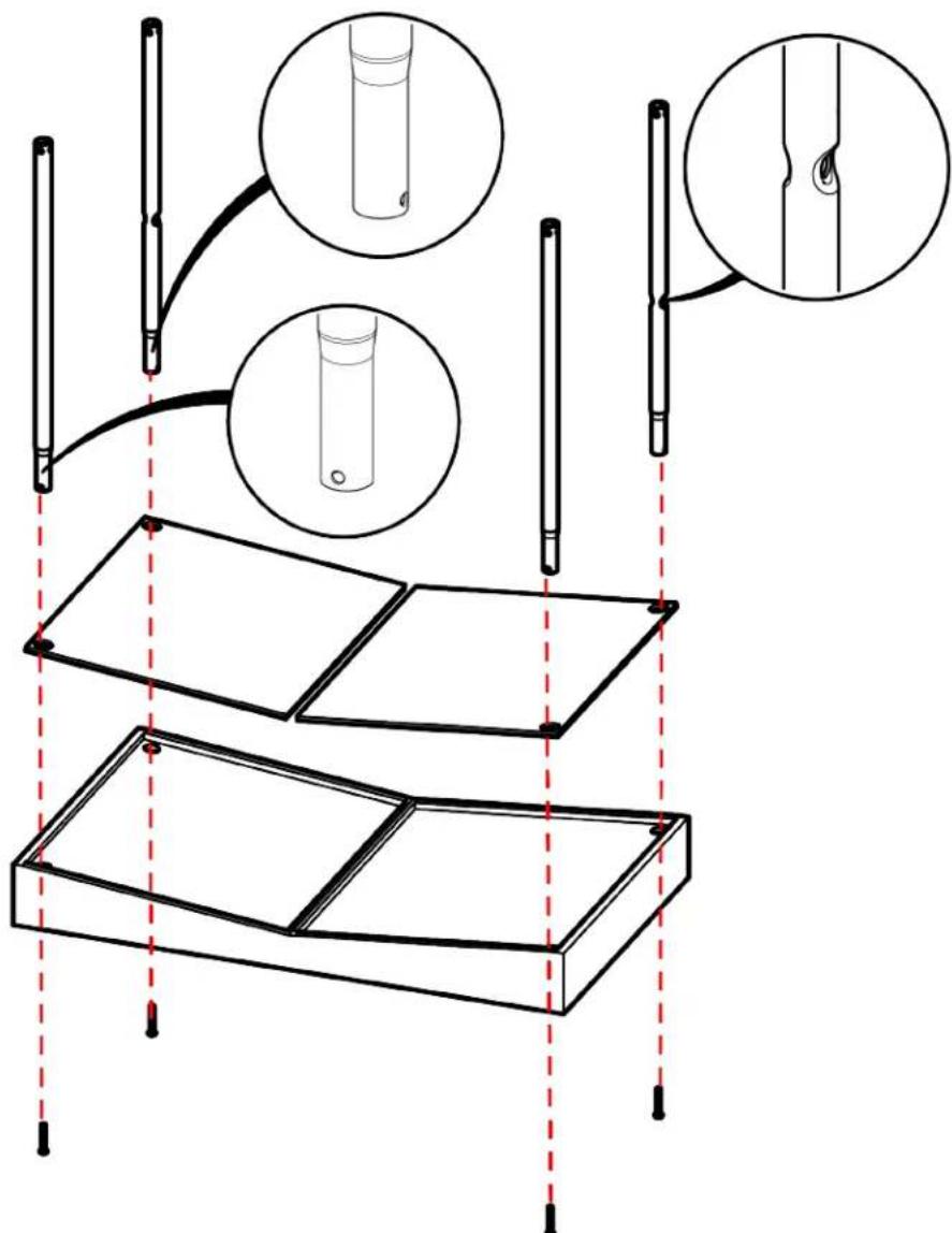 Technical diagram showing assembly steps of a mechanical component with labeled parts and magnified views