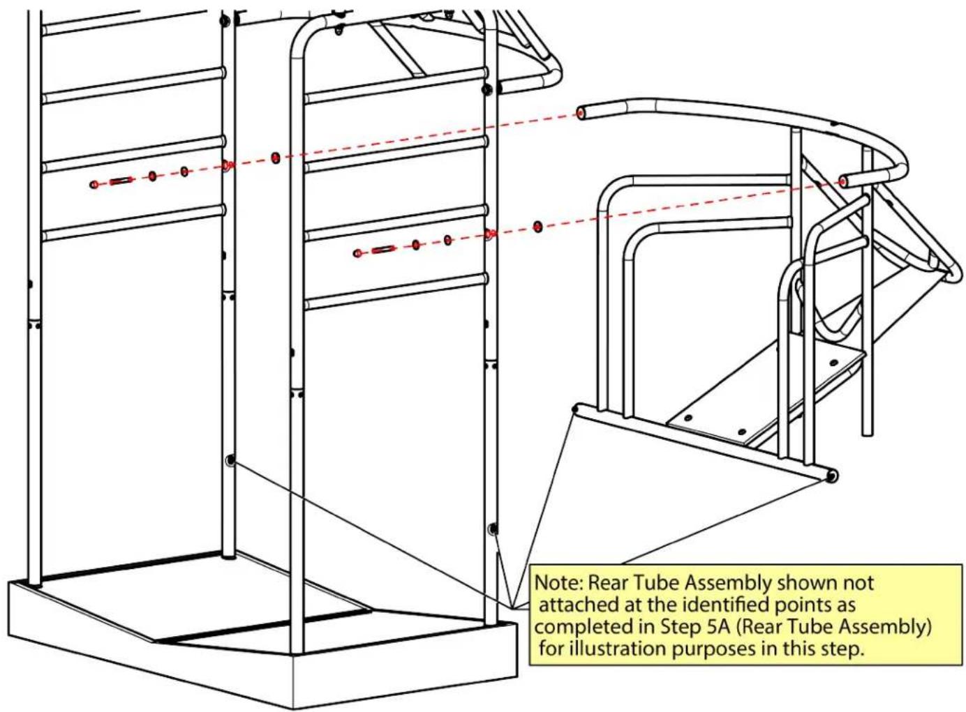 Note: Rear Tube Assembly shown not attached at the identified points as completed in Step 5A (Rear Tube Assembly) for illustration purposes in this step.