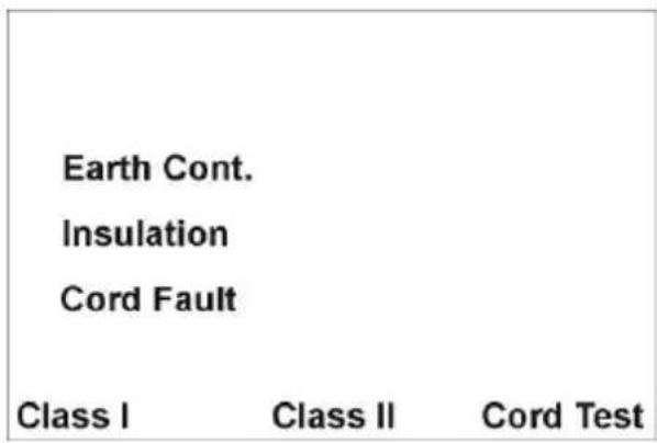 Earth Cont. Insulation Cord Fault Class I Class II Cord Test