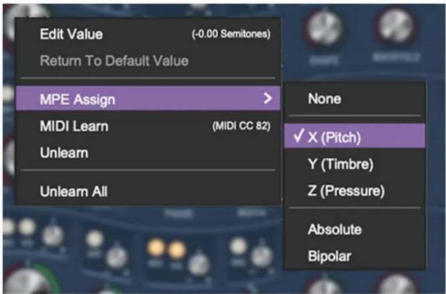 Edit Value (-0.00 Semitones) Return To Default Value MPE Assign > MIDI Learn (MIDI CC 82) Unlearn Unlearn All None ✓ X (Pitch) Y (Timbre) Z (Pressure) Absolute Bipolar
