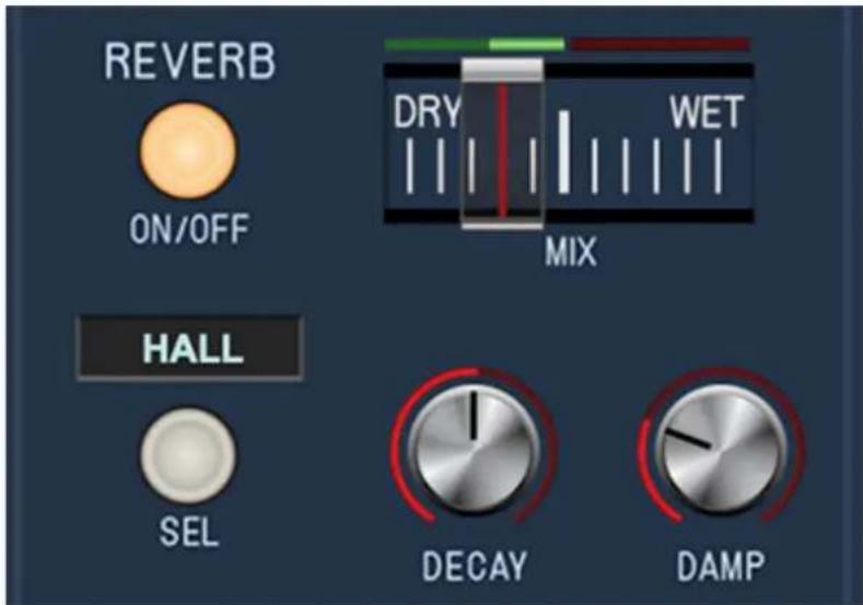 REVERB ON/OFF HALL SEL DRY WET MIX DECAY DAMP