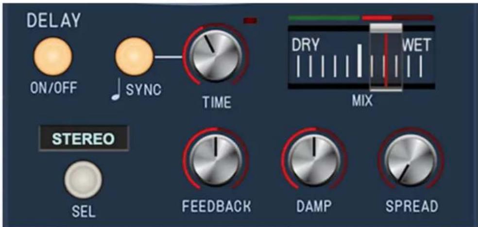 DELAY ON/OFF SYNC TIME DRY WET MIX STEREO SEL FEEDBACK DAMP SPREAD