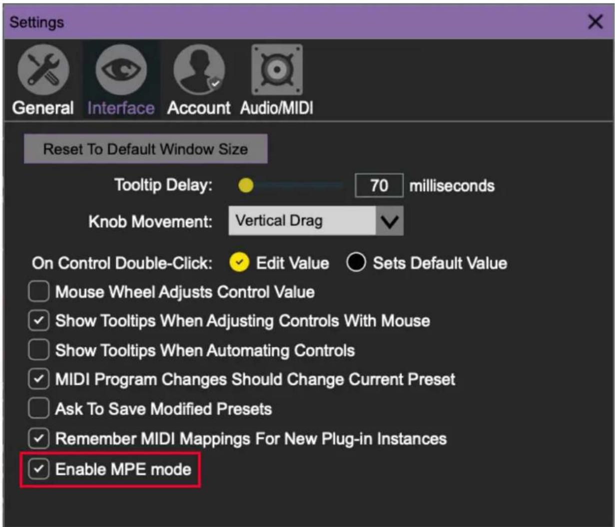 Settings General Interface Account Audio/MIDI Reset To Default Window Size Tooltip Delay: 70 milliseconds Knob Movement: Vertical Drag On Control Double-Click: Edit Value Sets Default Value Mouse Wheel Adjusts Control Value Show Tooltips When Adjusting Controls With Mouse Show Tooltips When Automating Controls MIDI Program Changes Should Change Current Preset Ask To Save Modified Presets Remember MIDI Mappings For New Plug-in Instances Enable MPE mode