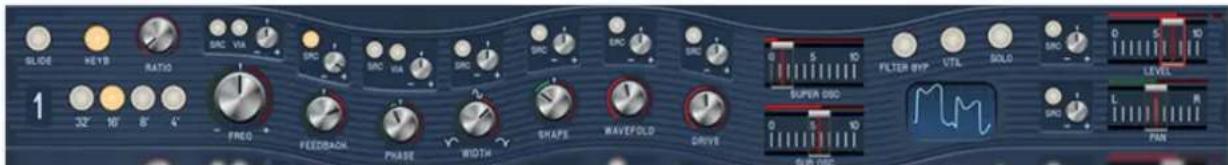 SLIDE KEYB RATIO 1 32° 16' 5' 4' FREQ FEEDBACK PHASE WIDTH SHAPE WAVEFOLD DRIVE SUPER OSC FILTER BYP UTL SOLO SRC 0 5 10 0 5 10 0 5 10 DRG 0 5 10 LEVEL L R PAN