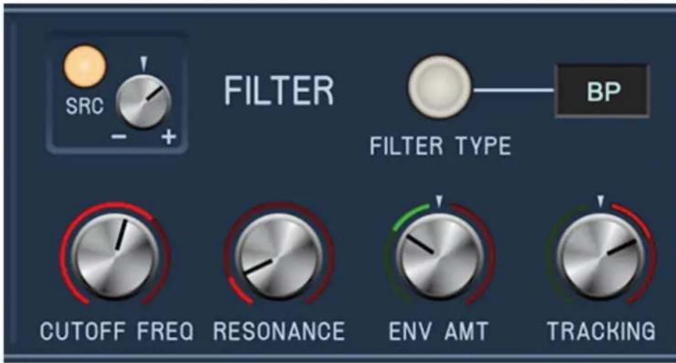 SRC FILTER FILTER TYPE CUTOFF FREQ RESONANCE ENV AMT TRACKING BP