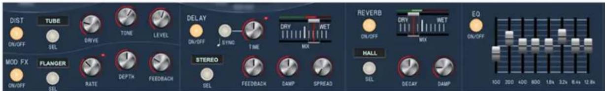 DIST ON/OFF TUBE SEL DRIVE TONE LEVEL MODE FX ON/OFF FLANGER SEL RATE DEPTH FEEDBACK DELAY ON/OFF SYNC TIME DRY WET MIX STEREO SEL FEEDBACK DAMP SPREAD REVERB ON/OFF DRY WET MIX HALL SEL DECAY DAMP EQ ON/OFF 100 200 400 800 1.8k 3.2k 6.4k 12.8k
