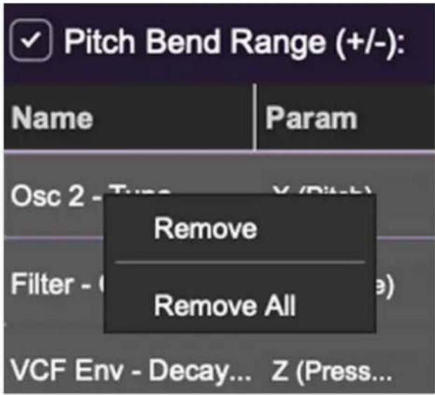 Pitch Bend Range (+/-): Name Param Osc 2 - Type X (Pitch) Filter - ( ) Remove All VCF Env - Decay... Z (Press...