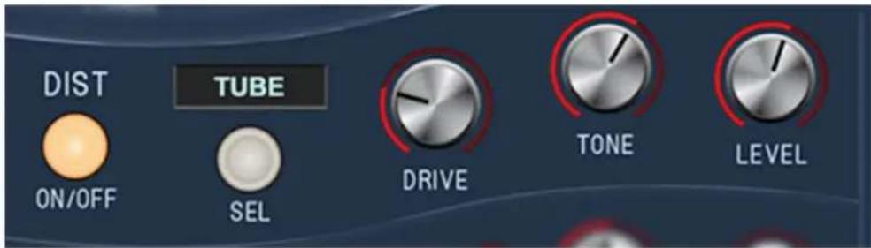 DIST ON/OFF TUBE SEL DRIVE TONE LEVEL