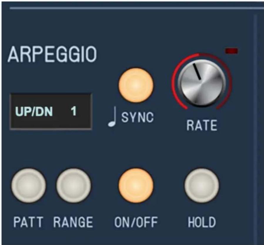 ARPEGGIO UP/DN 1 SYNC RATE PATT RANGE ON/OFF HOLD