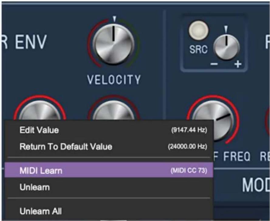 R ENV VELOCITY Edit Value (9147.44 Hz) Return To Default Value (24000.00 Hz) MIDI Learn (MIDI CC 73) Unlearn Unlearn All