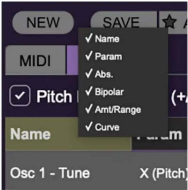 NEW MIDI ✓ Pitch Name SAVE ✓ Name ✓ Param ✓ Abs. ✓ Bipolar ✓ Amt/Range ✓ Curve Osc 1 - Tune X (Pitch)