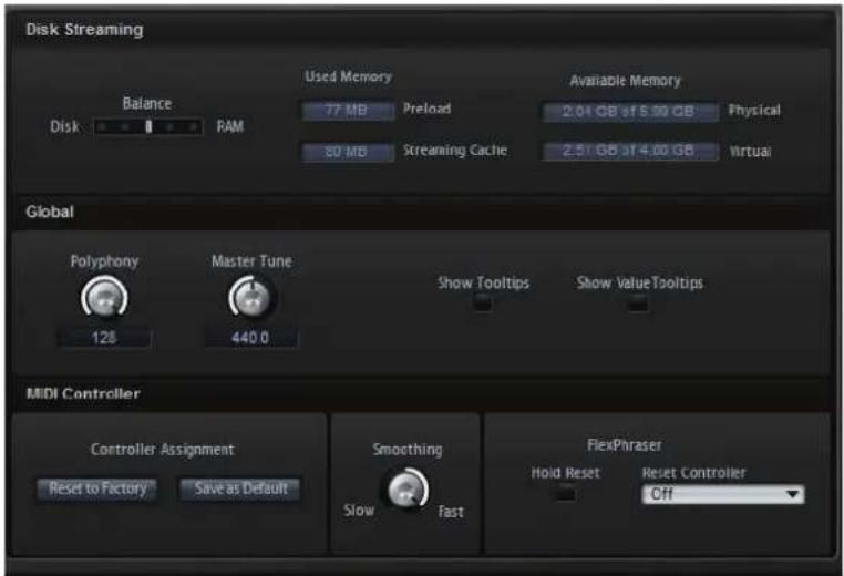Disk Streaming Used Memory Available Memory Balance 77 MB Preload 2.04 GB of 5.00 GB Physical Disk PAM SO MB Streaming Cache 2.51 GB of 4.00 GB Virtual Global Polyphony Master Tune Show Tooltips Show Value Tooltips 128 440.0 MIDI Controller Controller Assignment Smoothing FlexPhraser Reset to Factory Save as Default Slow Fast Hold Reset Reset Controller Off