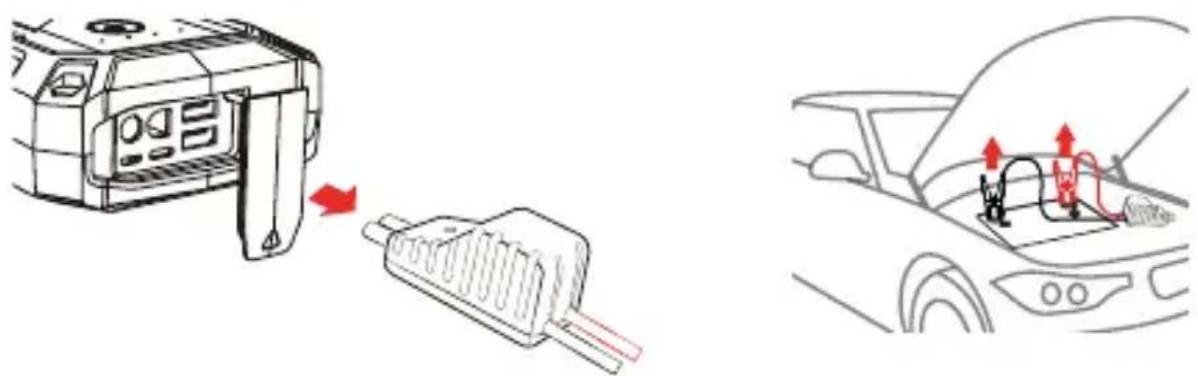 Diagram showing car engine compartment and battery installation process with red arrows indicating direction of movement