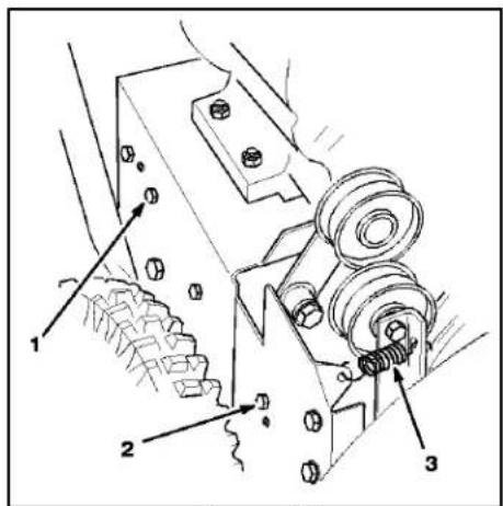 Technical diagram of a mechanical assembly with numbered components and directional arrows indicating motion or force