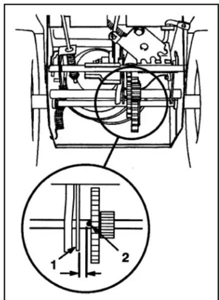 Technical diagram of a mechanical assembly with labeled parts and an inset showing a gear mechanism with two components.