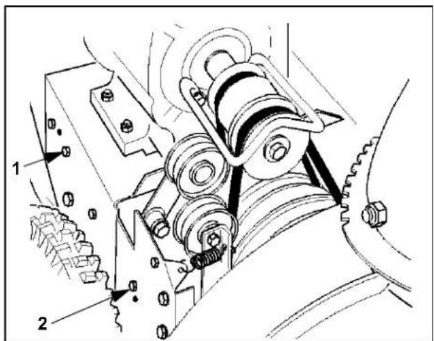 Technical diagram of a mechanical assembly with labeled parts 1 and 2, showing gears and rollers.