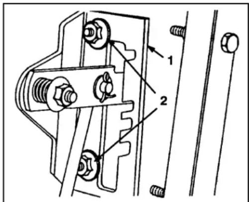 Technical diagram of a mechanical assembly with labeled parts 1 and 2, showing bolted components and connection details.
