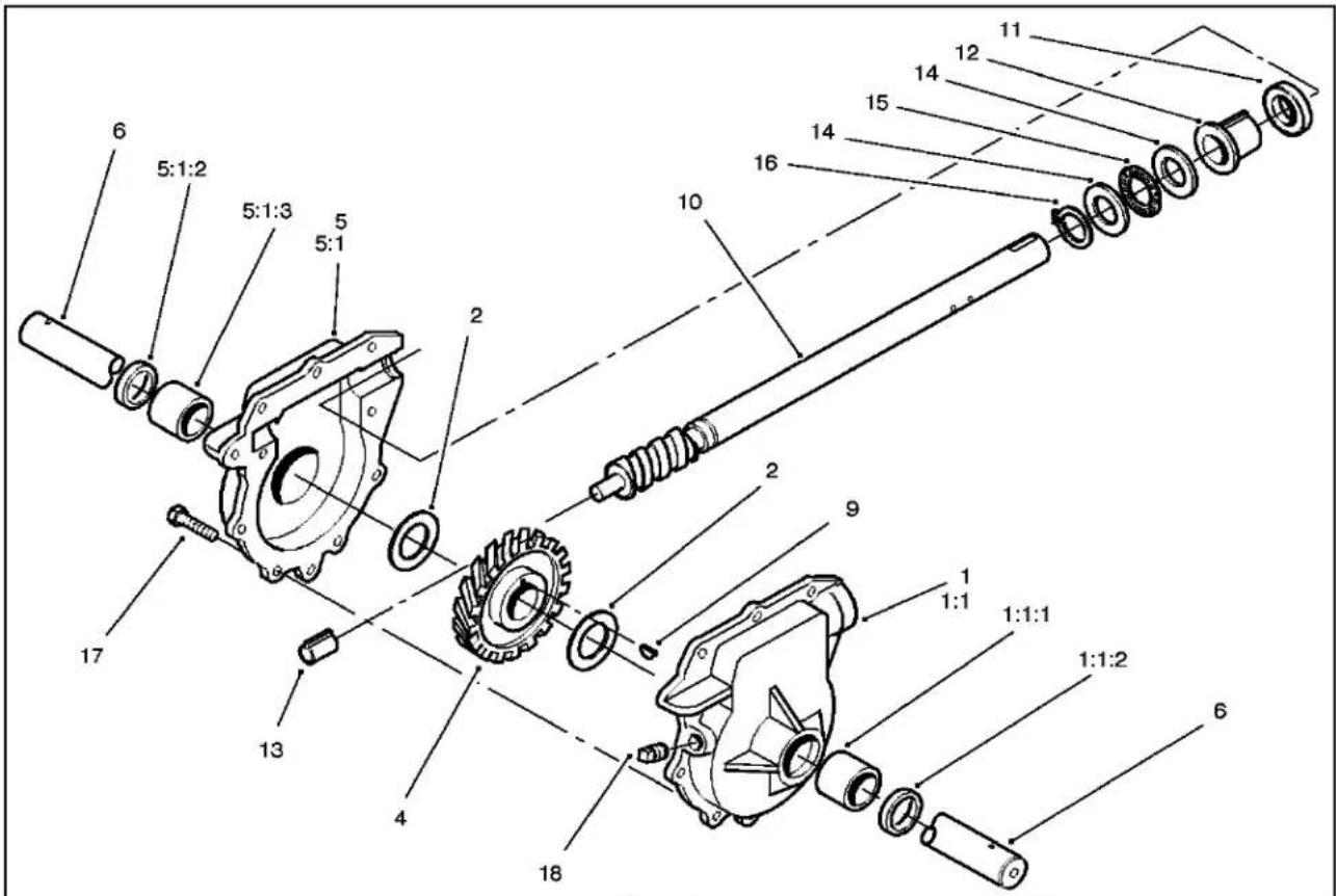 Exploded view diagram of a mechanical assembly with numbered parts and ratios labeled