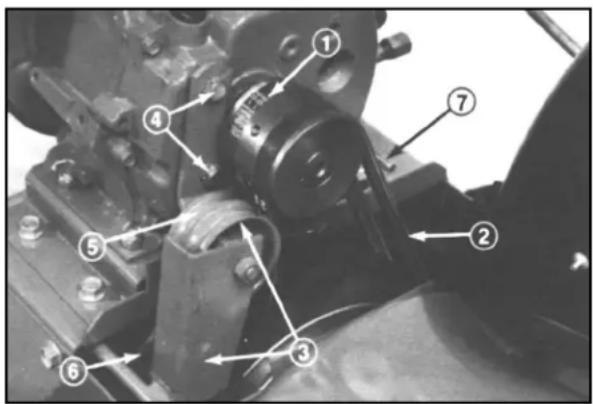 Technical diagram of a mechanical assembly with numbered components and directional arrows indicating motion or assembly.