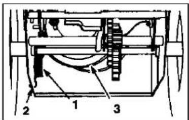Technical diagram of a mechanical assembly with numbered components and directional arrows indicating motion or flow.