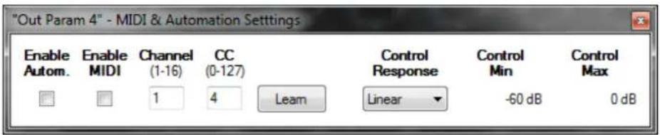 "Out Param 4" - MIDI & Automation Settings Enable Autom. Enable MIDI Channel (1-16) CC (0-127) Control Response Control Min Control Max 1 4 Learn Linear -60 dB 0 dB