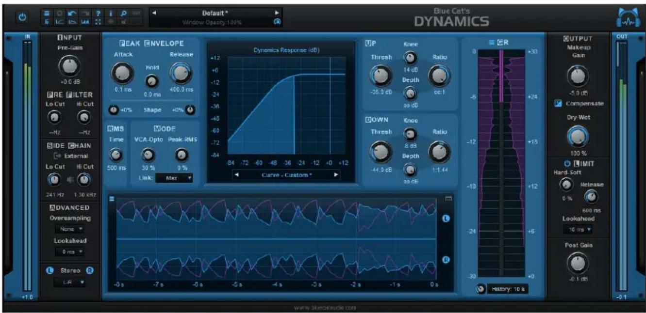 Default* Window Opacity: 100% Blue Cat's DYNAMICS INPUT Pre-Gain +0.0 dB PRE FILTER Lo Cut Hi Cut -Hz -Hz SIDE CHAIN External Lo Cut Hi Cut 241 Hz 1.30 kHz ADVANCED Oversampling None Lookahead 0 ms Stereo L-R +1.6 PEAK ENVELOPE Attack Release Hold 400.0 ms +0% Shape +0% RMS MODE Time VCA-Opto Peak RMS 500 ms Link Max Dynamics Response (dB) -94 -72 -60 -48 -36 -24 -12 -0 +12 -84 -72 -60 -48 -36 -24 -12 -0 +12 Curve - Custom * UP Knee Ratio Thresh 14 dB Depth cc:1 -35.0 dB 66 dB DOWN Knee Ratio Thresh 8.8B Depth 1:1.44 -44.0 dB 90 dB R OUTPUT Makeup Gain -5.0 dB Compaingulate Dry-Wet 100 % IMIT Hard-Soft Release 600 ms Lookahead 10 ms Post Gain -0.1 dB History: 10 s www.3lycobacuie.com