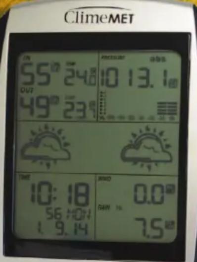 ClimeMET IN 55° 24 047 49° 23 PRESSURE abs 10 13.1 TIME 10: 18 56 HON 1. 9.14 RWD RAW 1% 0.0 7.5
