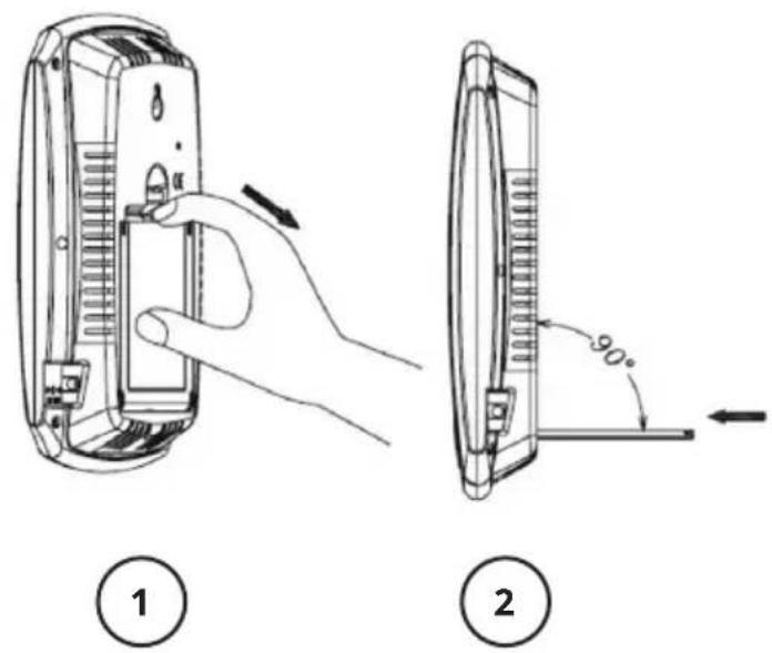 Technical diagram showing two views of a device with a hand adjusting its internal component, labeled ① and ②, with a 90-degree angle indicator.