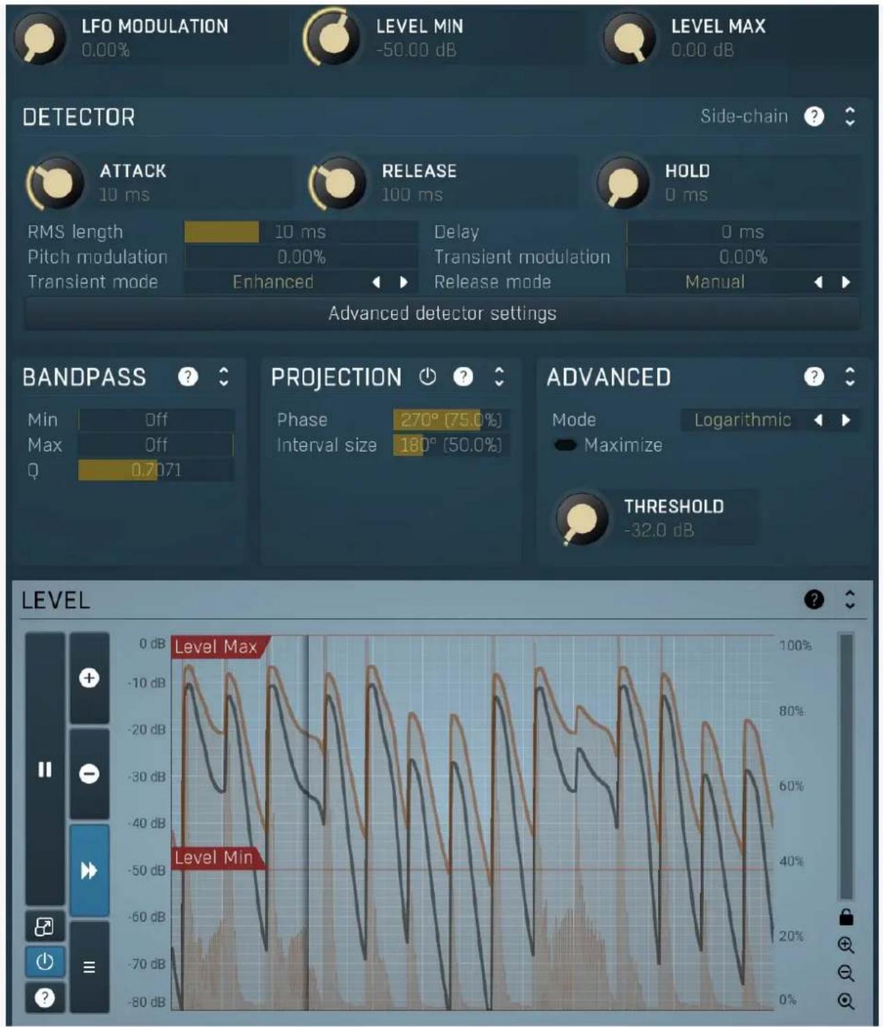 LFO MODULATION 0.00% LEVEL MIN -50.00 dB LEVEL MAX 0.00 dB DETECTOR Side-chain ? ATTACK 10 ms RELEASE 100 ms HOLD 0 ms RMS length 10 ms Delay 0 ms Pitch modulation 0.00% Transient modulation 0.00% Enhanced Release mode Manual Advanced detector settings BANDPASS Min Off Max Off Q 0.7071 PROJECTION Phase 270° (75.0%) Interval size 180° (50.0%) ADVANCED Mode Logarithmic Maximize THRESHOLD -32.0 dB LEVEL Level Max Level Min