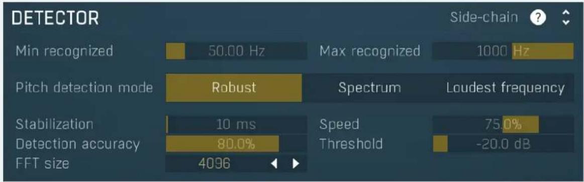 DETECTOR Min recognized 50.00 Hz Max recognized 1000 Hz Pitch detection mode Robust Spectrum Loudest frequency Stabilization 10 ms Speed 75.0% Detection accuracy 80.0% Threshold -20.0 dB FFT size 4096