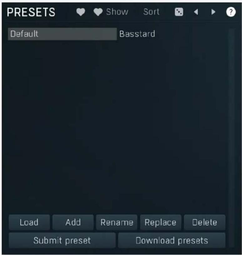 PRESETS Default Basstard Load Add Rename Replace Delete Submit preset Download presets