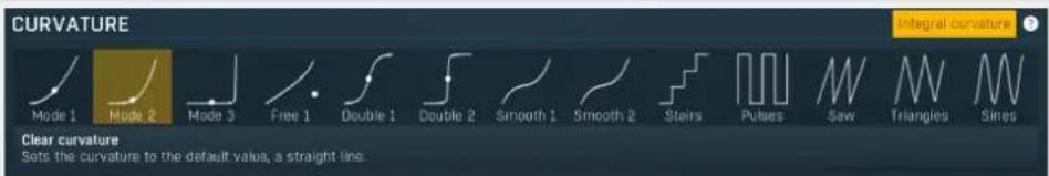 CURVATURE Mode 1 Mode 2 Mode 3 Free 1 Double 1 Double 2 Smooth 1 Smooth 2 Stairs Pulses Saw Triangles Sines Clear curvature Sets the curvature to the default value, a straight line.