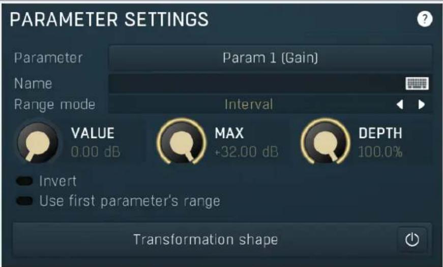 PARAMETER SETTINGS Parameter Param 1 (Gain) Name Range mode Interval VALUE MAX DEPTH 0.00 dB +32.00 dB 100.0% Invert Use first parameter's range Transformation shape