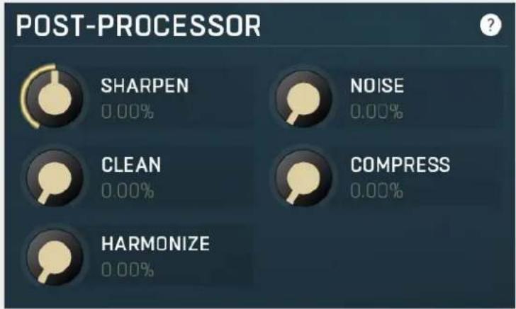 POST-PROCESSOR SHARPEN 0.00% NOISE 0.00% CLEAN 0.00% COMPRESS 0.00% HARMONIZE 0.00%
