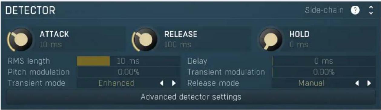 DETECTOR Side-chain ? ATTACK 10 ms RELEASE 100 ms HOLD 0 ms RMS length 10 ms Delay 0 ms Pitch modulation 0.00% Transient modulation 0.00% Transient mode Enhanced Release mode Manual Advanced detector settings