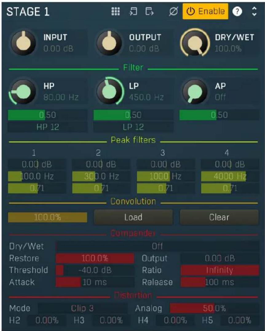 STAGE 1 Enable INPUT 0.00 dB OUTPUT 0.00 dB DRY/WET 100.0% Filter HP 80.00 Hz LP 450.0 Hz AP Off 0.50 HP 12 0.50 LP 12 Peak filters 1 0.00 dB 100.0 Hz 0.71 2 0.00 dB 300.0 Hz 0.71 3 0.00 dB 1000 Hz 1000 Hz 4000 Hz 0.71 4 0.00 dB 0.71 Convolution 100.0% Load Clear Compander Dry/Wet Restore Threshold Attack Off Output -40.0 dB Ratio 10 ms Infinity Release 100 ms Distortion Mode Clip 3 Analog 50.0% H2 0.00% H3 0.00% H4 0.00% H5 0.00%